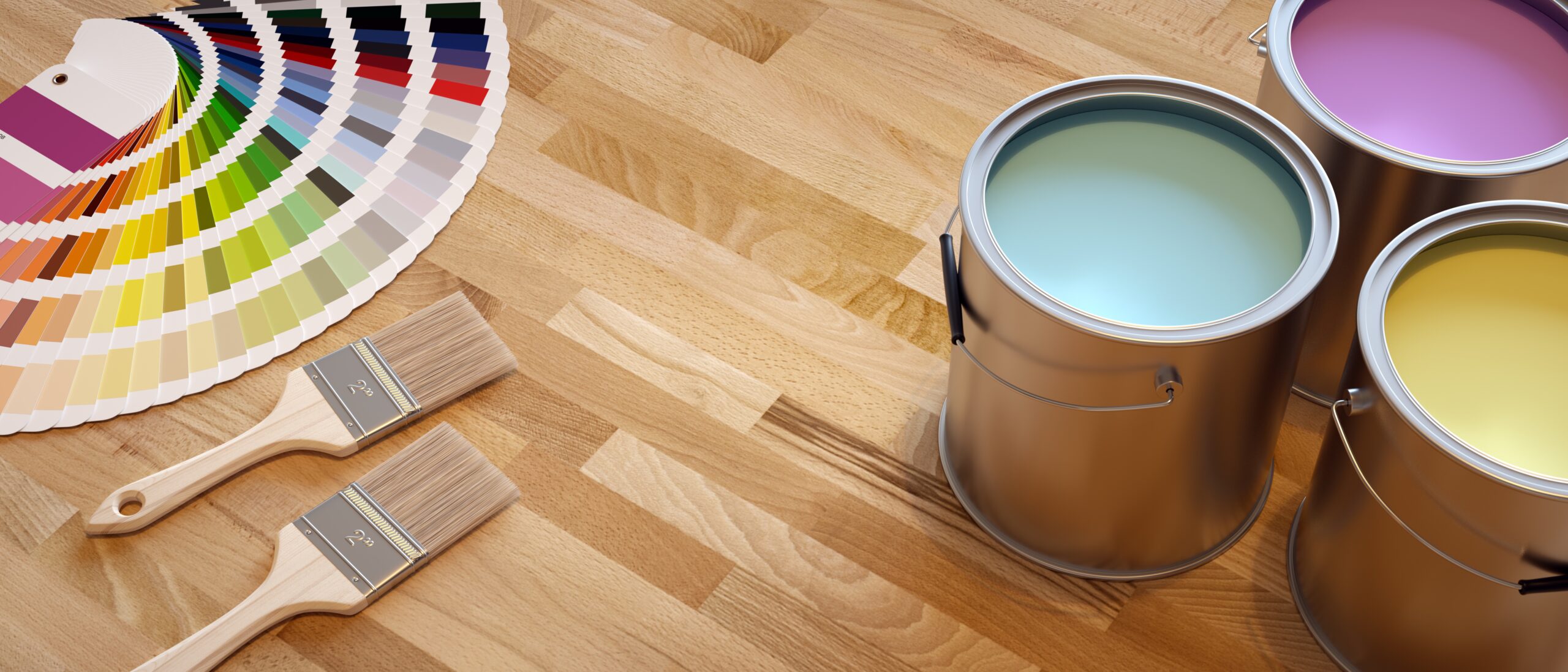 Paint shop banner. Composition with brushes, color chart and paint containers.